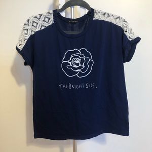 Navy Patterned Mesh Shoulder Short Sleeve Top